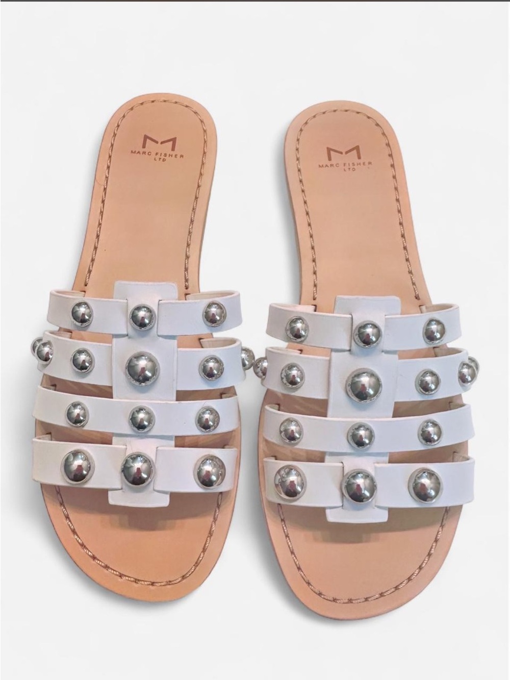 Marc Fisher LTD White Leather Slide with Silver Studs